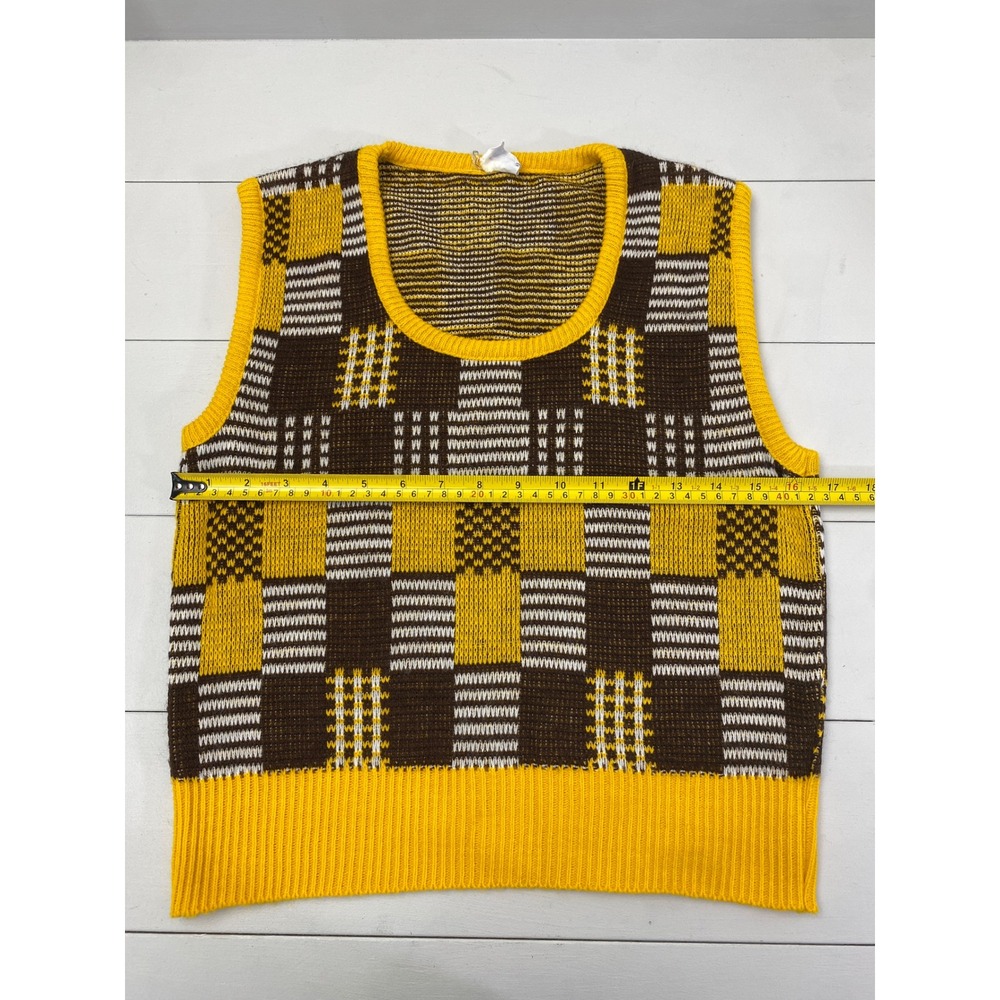 Ship 'n Shore Sweater Vest Women S Vintage 70s Yellow Brown Plaid Knit Geometric - Picture 6 of 13